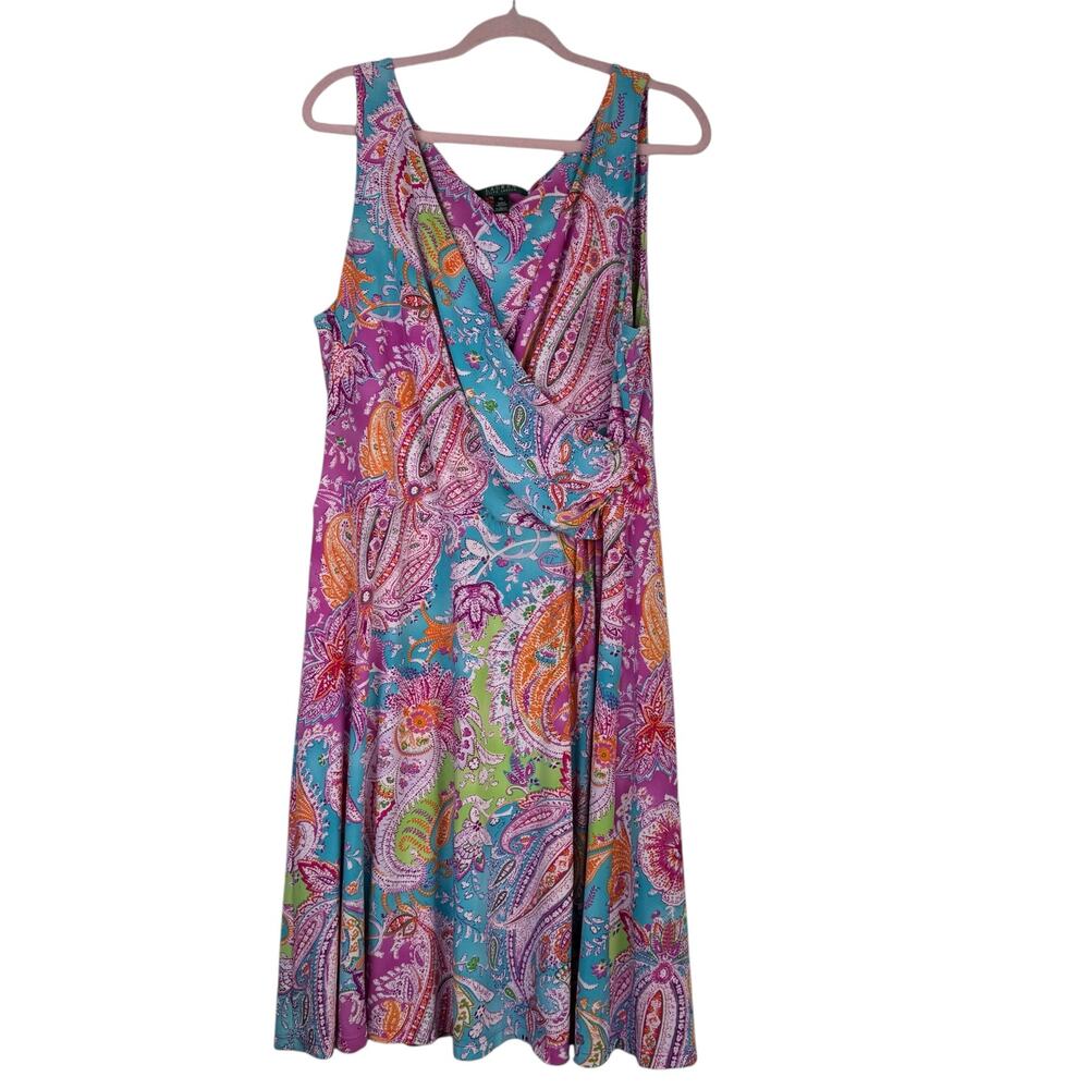 Ralph Lauren Dress Paisley Print Faux Wrap Women XL Summer Colorful flowy